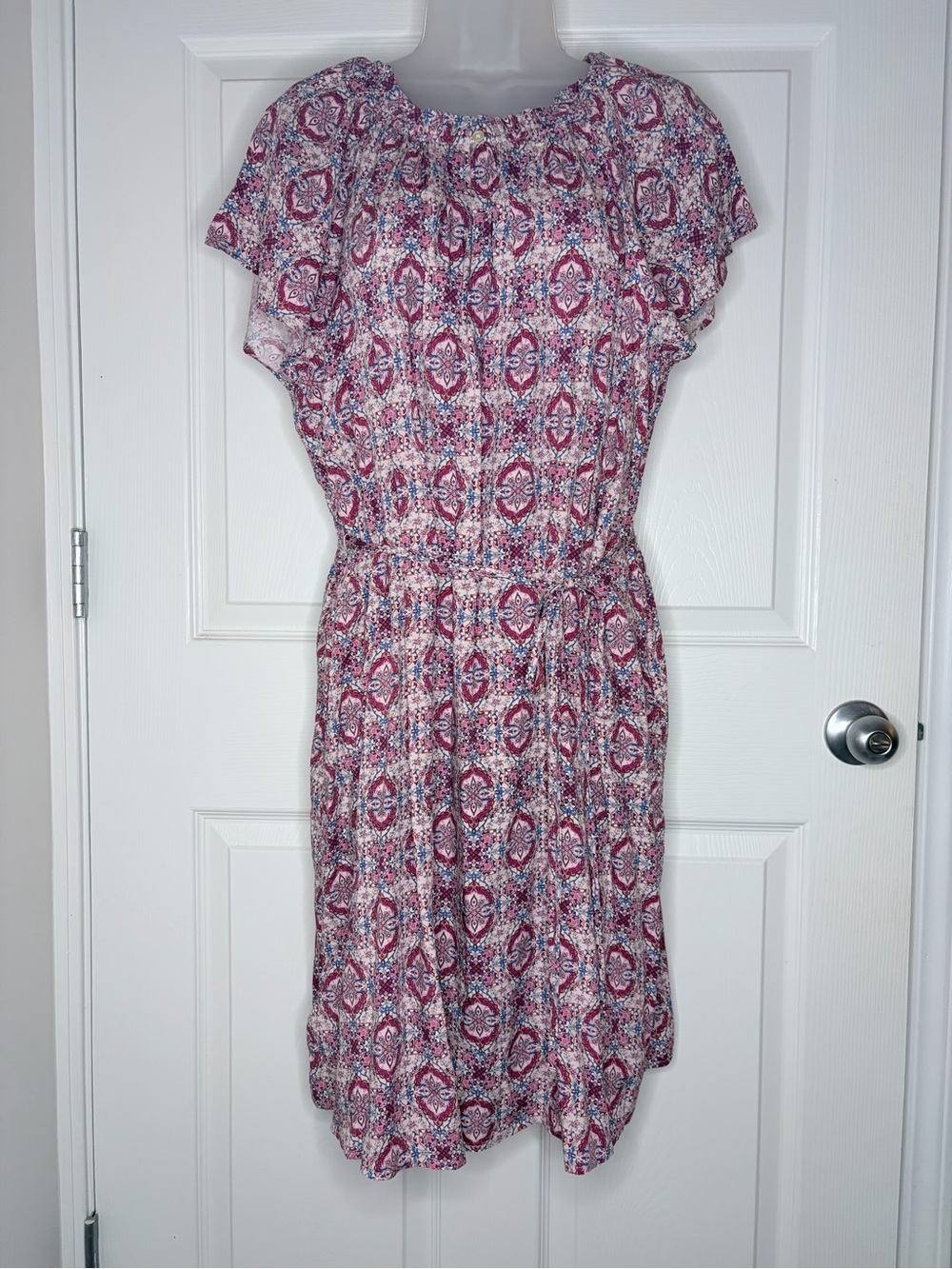 LOFT Plus Size 14 NWT Boho Midi Dress Pink Blue Off Shoulder Tie Waist
